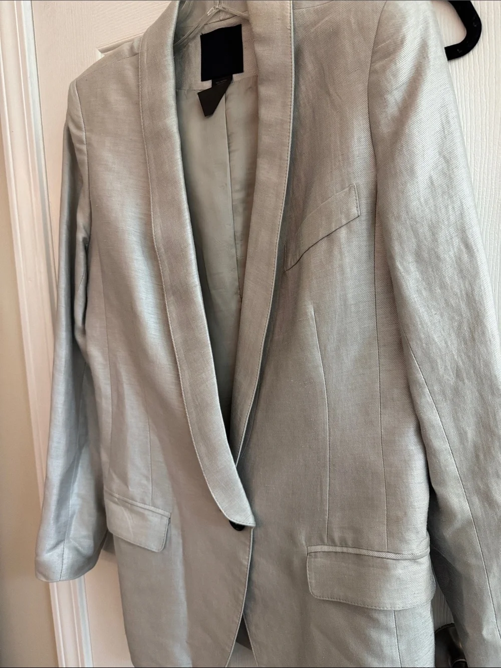 SMYTHE Long Shawl Blazer Metallic Linen Blend Silver Single Button Size 6